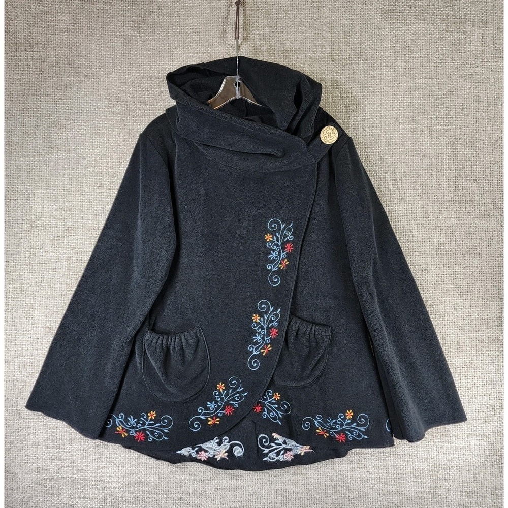 Greater Good Nepal Fleece Wrap Jacket Womens S/M Black Emroidered Fairy Boho